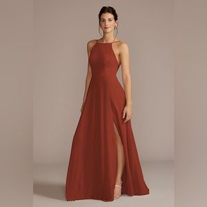 David’s Bridal chiffon high-neck a-line bridesmaid dress